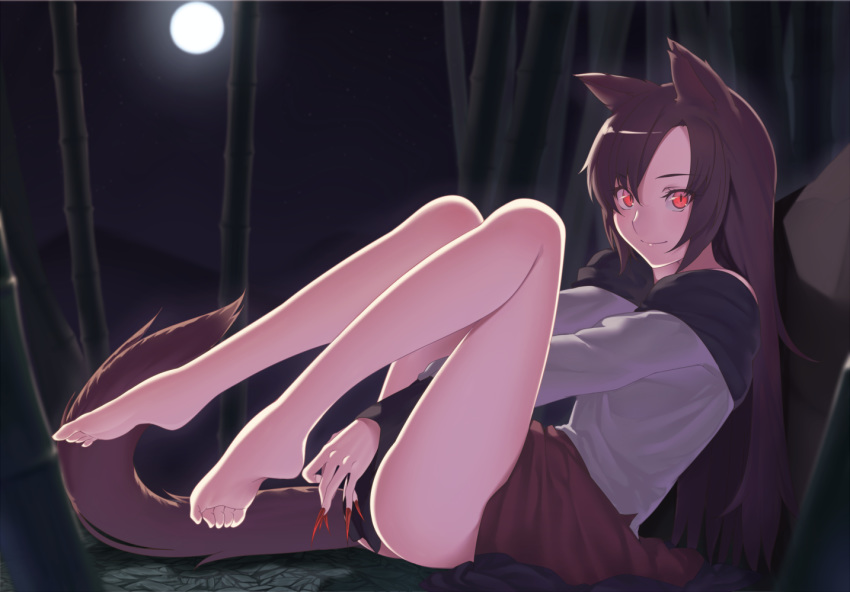 animal_ears bad_feet bamboo bangs bare_legs barefoot brown_hair fingernails full_body full_moon imaizumi_kagerou kaiza_(rider000) long_fingernails long_hair looking_at_viewer moon night night_sky outdoors plantar_flexion reclining red_eyes red_skirt skirt sky slit_pupils smile solo tail touhou wolf_ears wolf_tail