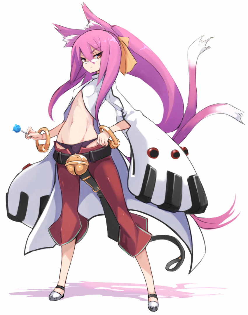animal_ears bangs bell belt black_belt black_panties blazblue breasts candy cat_ears cat_girl cat_tail commentary_request eyebrows_visible_through_hair fingernails food full_body glasses grey_footwear groin hair_between_eyes hair_ribbon hand_on_hip highres holding holding_lollipop jingle_bell karukan_(monjya) kokonoe lollipop long_hair midriff multiple_tails navel opaque_glasses orange_ribbon panties pants pince-nez pink_hair ponytail red_eyes red_pants revision ribbon sidelocks simple_background small_breasts solo standing tail two_tails underwear very_long_hair white_background white_coat