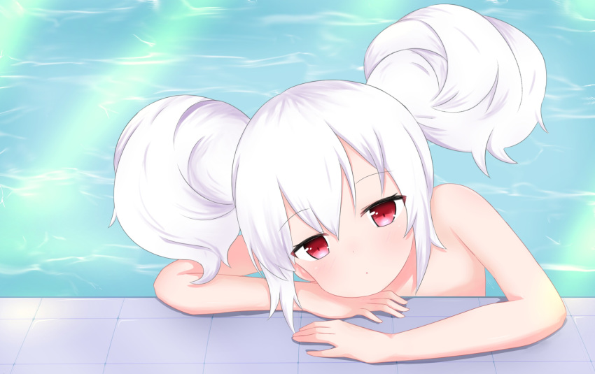 :o arm_rest azur_lane bangs blush day double_bun eyebrows_visible_through_hair hair_between_eyes head_rest highres laffey_(azur_lane) looking_at_viewer nude outdoors parted_lips red_eyes sidelocks silver_hair solo sunlight water yuujoduelist