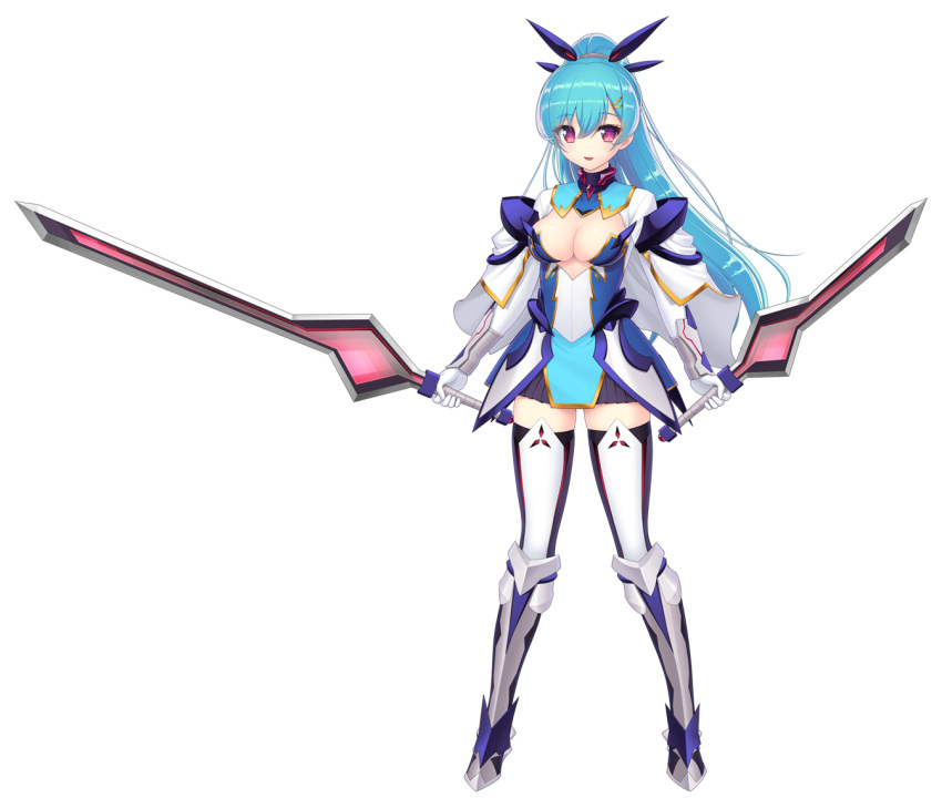 1girl aqua_hair arch_kalmia armor armored_boots blue_hair blush boots breasts cleavage dual_wielding full_body fuyunagi_tsubasa game_asset gloves gold_trim hair_ornament hairclip high_ponytail holding holding_sword holding_weapon large_breasts large_variant_set long_hair looking_at_viewer magical_girl medium_breasts non-web_source official_art open_mouth pink_eyes ponytail red_eyes reverse_grip saitou_natsuki self-datamine shinsou_kenki_arch_saver simple_background smile solo striped_clothes sword tachi-e thighhighs transparent_background variant_set weapon white_gloves zettai_ryouiki