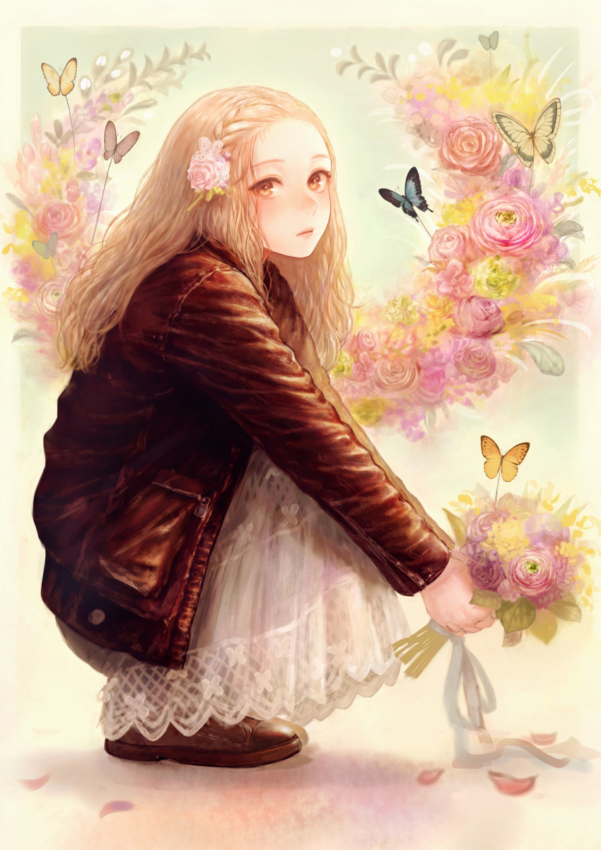 absurdres blonde_hair bouquet braid bug butterfly dress eyelashes flower forehead french_braid hair_flower hair_ornament highres insect jacket leather leather_jacket lips long_hair looking_at_viewer looking_to_the_side muted_color original romiy shoes solo squatting yellow_eyes