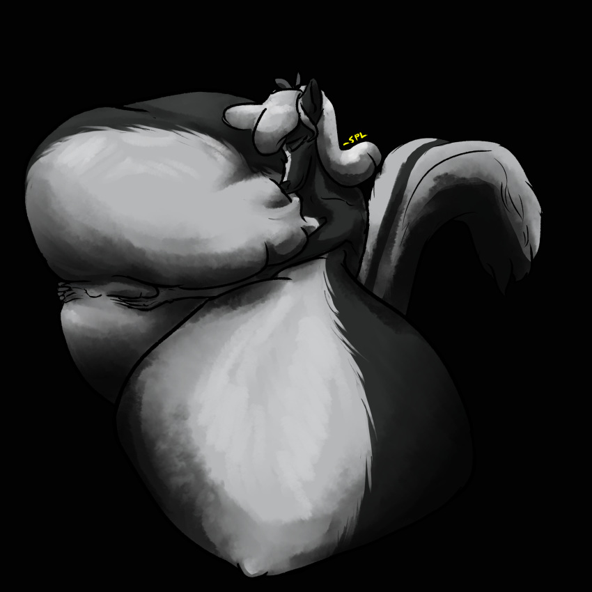 2018 anthro big_breasts bljrnjt breast_expansion breasts clothed clothing digital_media_(artwork) eyes_closed female fur hair huge_breasts hyper hyper_breasts immobile inside mammal monochrome nipples nude simple_background sitting skunk smile solo solo_focus topless xxsnake_spiderxx