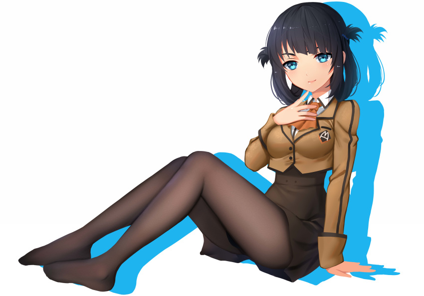 black_hair black_legwear blue_eyes cropped_jacket drop_shadow folded_hair highres looking_at_viewer nagi_no_asukara no_shoes pantyhose school_uniform shiodome_miuna simple_background sitting skirt smile solo zyl