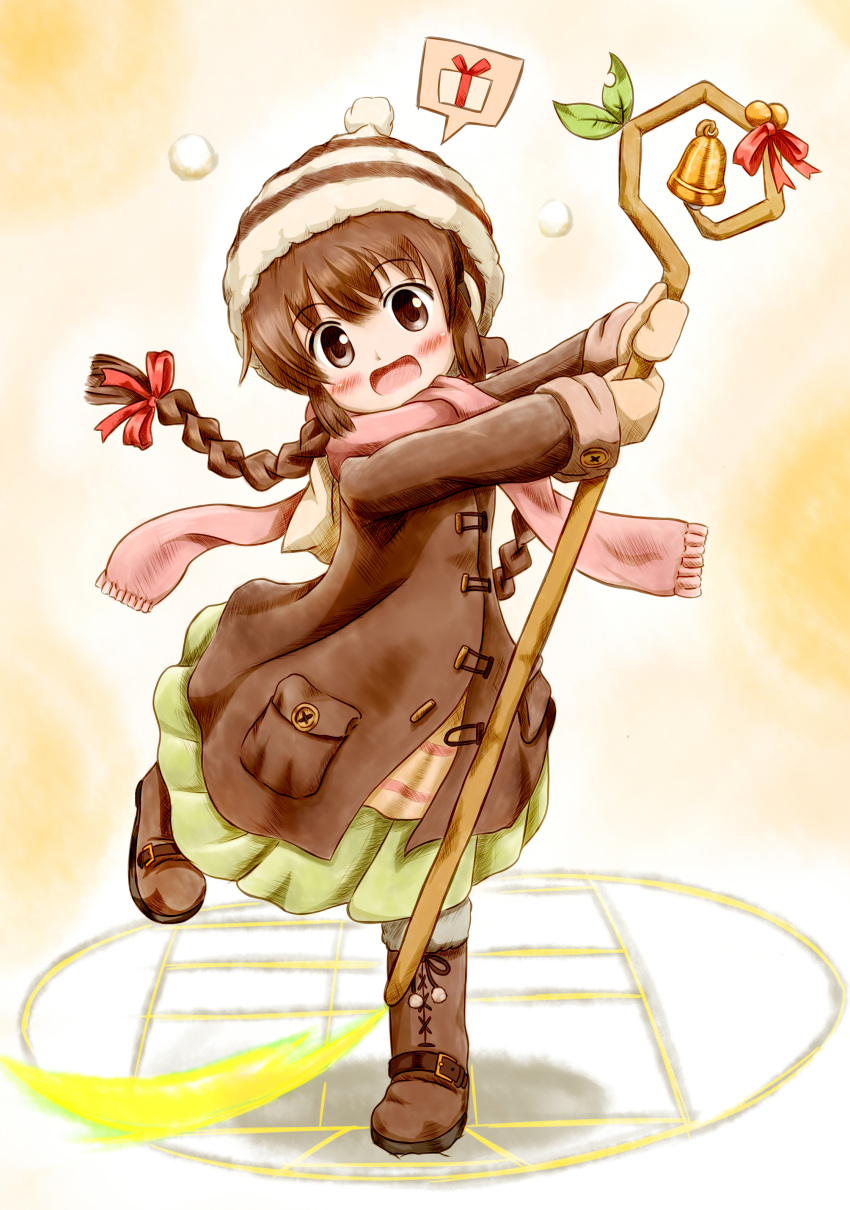 :o absurdres bell blush bow braid brown_coat brown_footwear brown_hair buttons coat eyebrows_visible_through_hair full_body gift green_skirt highres kukuri long_hair looking_at_viewer magic_circle mahoujin_guruguru md5_mismatch mittens pink_scarf pocket pom_pom_(clothes) red_bow scarf sidelocks simple_background skirt snowball solo speech_bubble staff standing standing_on_one_leg takaramono twin_braids winter_clothes