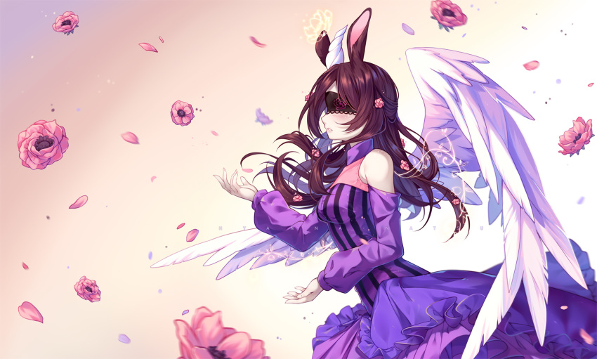 animal_ears artist_name black_blindfold blindfold blurry blurry_foreground blush borrowed_character breasts brown_hair bunny_ears commission covered_eyes depth_of_field detached_sleeves dress feathered_wings flat_chest flower frilled_dress frills from_side glowing gradient gradient_background hair_flower hair_ornament highres hyanna-natsu layered_dress long_hair long_sleeves medium_breasts original parted_lips pink_flower profile purple_dress shiny shiny_hair solo striped upper_body vertical-striped_dress vertical_stripes white_wings wings yellow_background