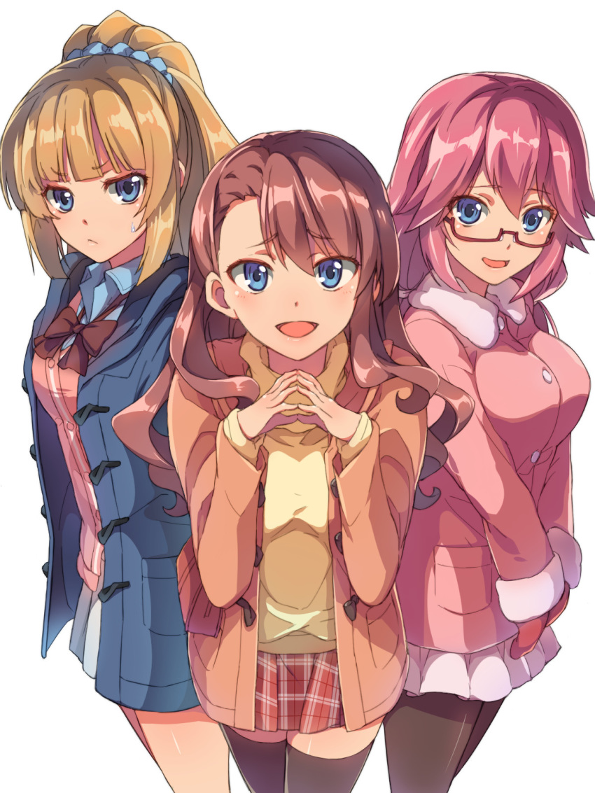 :d black_legwear blonde_hair blue_coat blue_eyes blue_scrunchie bow bowtie brown_bow brown_coat brown_hair brown_neckwear character_request chiharu_(9654784) coat cowboy_shot eyebrows_visible_through_hair glasses gloves grey_skirt hair_between_eyes hair_ornament hair_scrunchie high_ponytail highres karuizawa_kei long_hair looking_at_viewer miniskirt multiple_girls open_clothes open_coat open_mouth pantyhose pink_hair pleated_skirt purple_coat red-framed_eyewear red_gloves red_skirt sakura_airi scrunchie semi-rimless_eyewear shiny shiny_skin simple_background skirt smile standing steepled_fingers sweatdrop sweater thighhighs under-rim_eyewear white_background white_skirt winter_clothes winter_coat yellow_sweater youkoso_jitsuryoku_shijou_shugi_no_kyoushitsu_e zettai_ryouiki