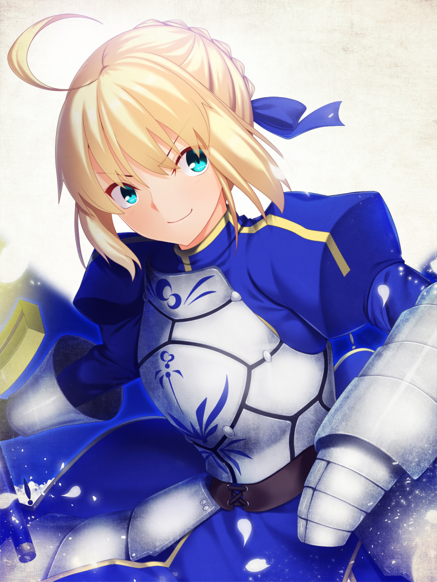 ahoge aqua_eyes armor armored_dress artoria_pendragon_(all) blonde_hair blue_dress blue_ribbon dress eyebrows_visible_through_hair fate/stay_night fate_(series) gauntlets hair_between_eyes hair_ribbon highres holding holding_sword holding_weapon ribbon saber sidelocks skylader smile solo sword tied_hair weapon