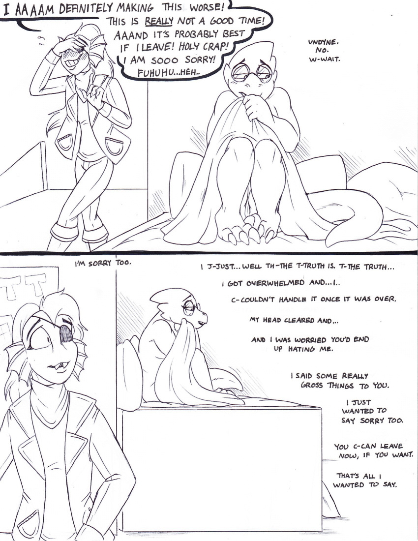 2016 alphys anthro apology awkward bed bedroom black_and_white claws clothed clothing comic covering covering_eyes covering_self duo eyewear female fish glasses hi_res lizard marine monochrome on_bed paws pen_(artwork) pussy reptile scalie simple_background toes traditional_media_(artwork) under_covers undertaild undertale undyne video_games