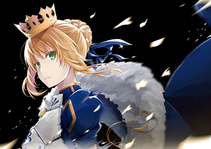 artoria_pendragon_(all) bad_id bad_pixiv_id black_background blonde_hair blue_ribbon braided_bun breastplate cape crown fate/stay_night fate_(series) fur_trim green_eyes hair_ribbon looking_at_viewer masabodo parted_lips ribbon saber sidelocks simple_background solo tied_hair upper_body