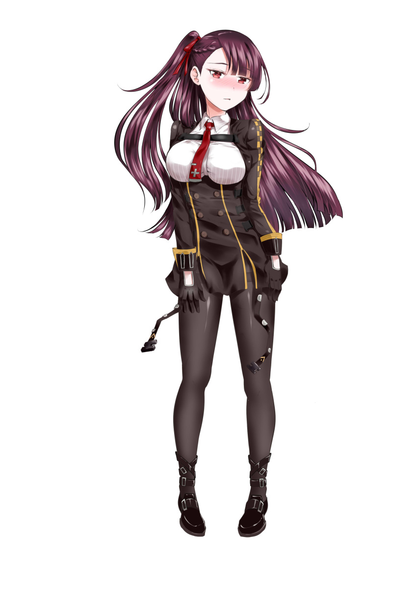 absurdres alice bangs bipod black_footwear black_gloves black_legwear blazer blunt_bangs blush braid breasts brown_hair buttons collared_shirt double-breasted embarrassed eyebrows_visible_through_hair floating_hair framed_breasts french_braid from_below full_body girls_frontline gloves hair_between_eyes hair_ribbon half_updo hand_up hands_on_thighs head_tilt highres jacket large_breasts long_hair looking_at_viewer necktie one_side_up open_mouth pantyhose purple_hair red_eyes red_neckwear ribbon shirt shoe_strap shoes sidelocks simple_background solo standing striped striped_shirt thighband_pantyhose thighs tsurime very_long_hair wa2000_(girls_frontline) white_background white_shirt