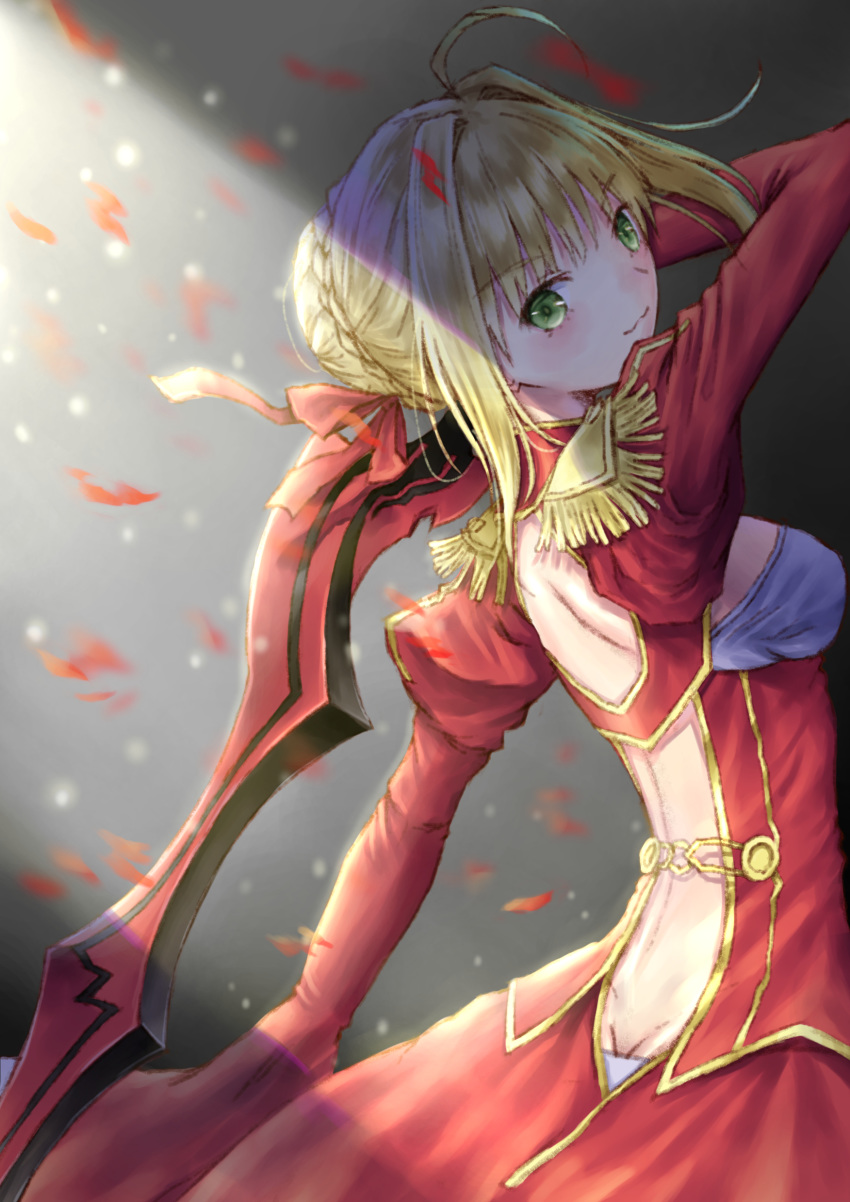 absurdres aestus_estus ahoge backless_dress backless_outfit braid breasts dress epaulettes fate/extra fate/grand_order fate_(series) french_braid green_eyes highres juliet_sleeves large_breasts long_sleeves nero_claudius_(fate) nero_claudius_(fate)_(all) over_shoulder petals puffy_sleeves sideboob smile solo tobychou weapon weapon_over_shoulder