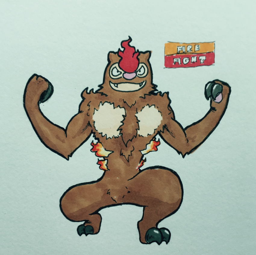 2017 2_fingers 2_toes alternate_color ambiguous_gender anthro biceps biped black_claws black_eyes brown_fur chest_tuft claws crotch_tuft crouching digitigrade english_text fak&eacute;mon fangs fire firefightdex fist flexing front_view full-length_portrait fur fur_tuft half-closed_eyes handpaw hatching_(technique) head_tuft mammal marker_(artwork) mfanjul mixed_media multicolored_fur nintendo nude pawpads paws pen_(artwork) pink_pawpads pok&eacute;mon pok&eacute;mon_(species) portrait red_fur shadow shoulder_tuft simple_background smile smirk smug solo standing tan_fur text toe_claws toes toony traditional_media_(artwork) tuft video_games vigoroth white_background