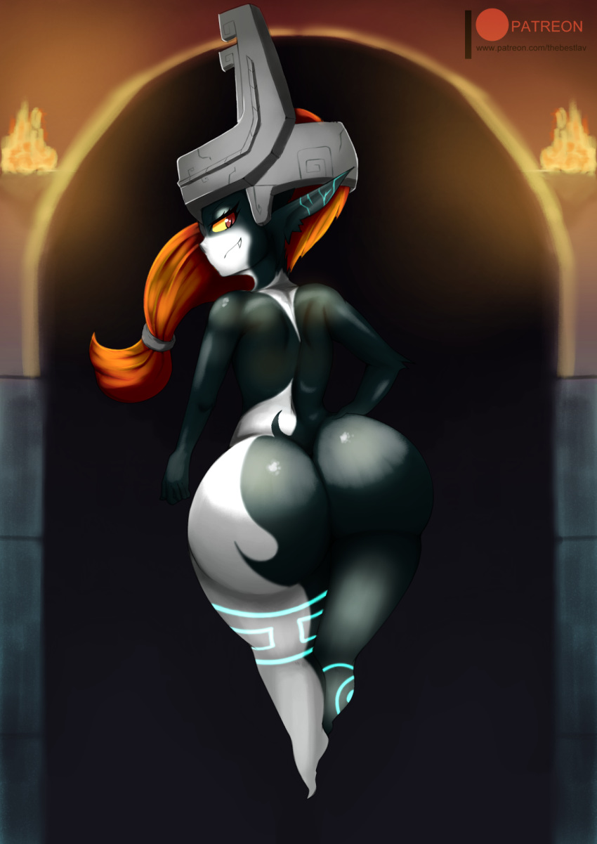 2018 armor big_butt butt fangs female fire floating hair helmet huge_butt humanoid imp l-a-v looking_back midna nintendo not_furry nude smile solo the_legend_of_zelda thick_thighs twili twilight_princess video_games wide_hips