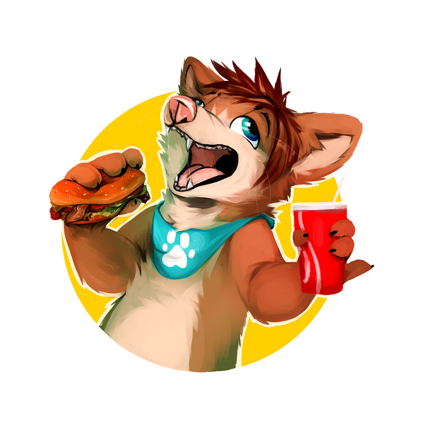 2018 anthro beverage bib blue_eyes brown_fur brown_hair burger canine cheek_tuft dog ear_tuft eating fangs food fox4 fur hair holding_object kiggles looking_up male mammal mostly_nude multicolored_fur open_mouth pink_nose simple_background solo solo_focus teeth tongue tuft two_tone_fur white_background