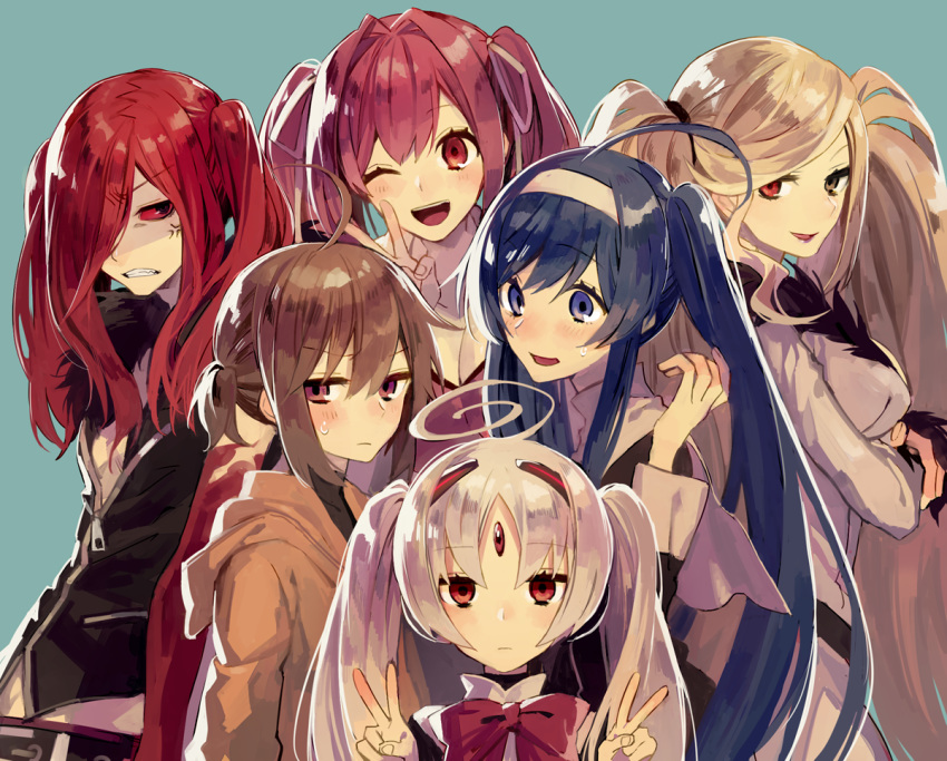 5girls ;d ahoge alternate_hairstyle anger_vein black_eyes blonde_hair blue_eyes blue_hair blush bow breasts brown_eyes brown_hair carmine cleavage clenched_teeth commentary_request crossed_arms double_v expressionless forehead_jewel fur_trim hair_intakes hair_over_one_eye hair_ribbon hairband heterochromia hilda_(under_night_in-birth) huge_ahoge linne looking_at_viewer medium_breasts multiple_girls odd_one_out one_eye_closed open_mouth orie_(under_night_in-birth) pink_hair red_eyes red_hair red_sclera ribbon short_twintails smile suzunashi sweatdrop teeth twintails under_night_in-birth upper_body v vatista white_hair yuzuriha_(under_night_in-birth)
