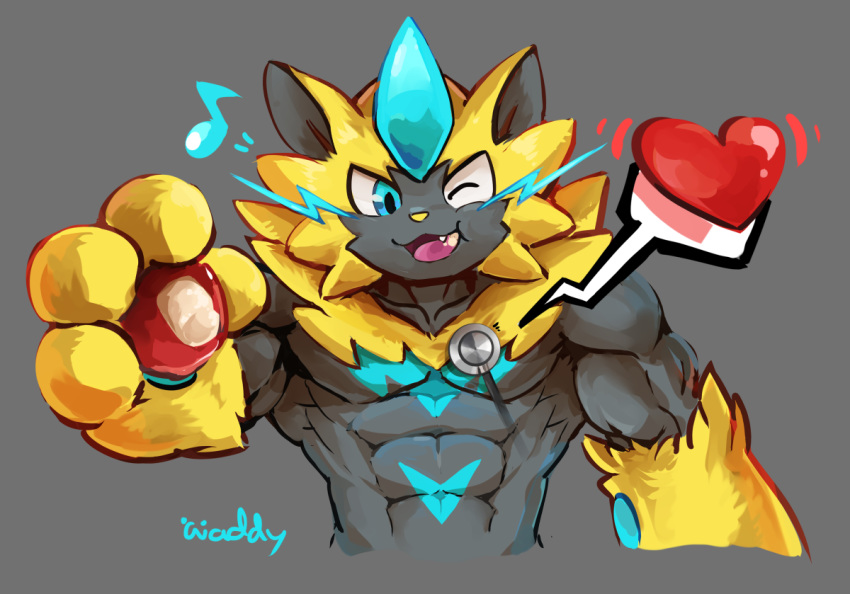 &lt;3 abs anthro blue_eyes fangs fur grey_background looking_at_viewer male muscular musical_note nintendo one_eye_closed pok&eacute;mon pok&eacute;mon_(species) simple_background smile stethoscope video_games waddledox wink yellow_fur zeraora