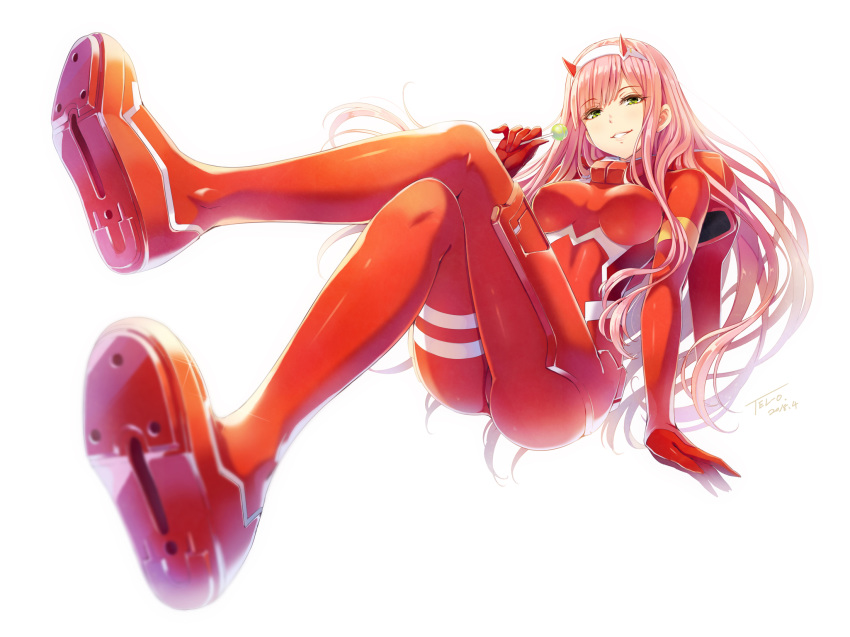 bodysuit breasts candy darling_in_the_franxx green_eyes horns lollipop long_hair pink_hair signed skirt_lift tel-o white zero_two