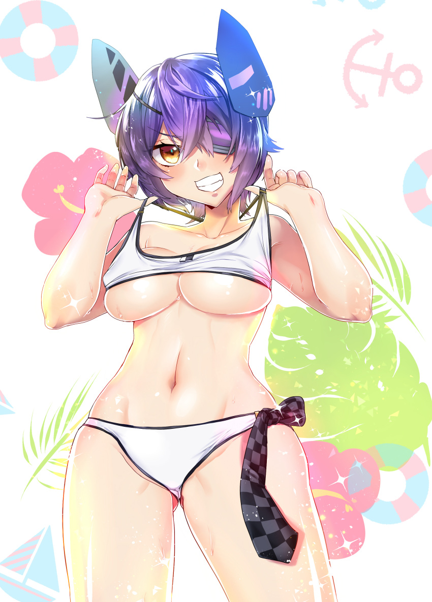 :d absurdres ass_visible_through_thighs bangs bare_arms bare_shoulders bikini bikini_lift breasts brown_eyes checkered collarbone eyepatch floral_background grin hair_between_eyes headgear highres kantai_collection large_breasts lifted_by_self minatasiro navel one_eye_covered open_mouth purple_hair shiny shiny_skin short_hair smile solo sparkle standing stomach strap_lift swimsuit teeth tenryuu_(kantai_collection) thighs underboob v-shaped_eyebrows w_arms white_bikini