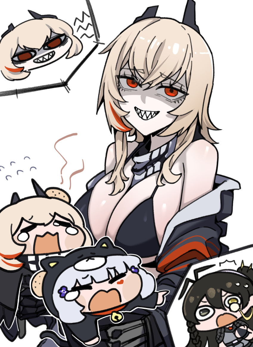 3girls bandana bandana_around_neck black_jacket blonde_hair breasts chibi chibi_inset cleavage commentary_request darture_(girls'_frontline_2) doya_(qkrdbseh1205) flying_sweatdrops girls'_frontline girls'_frontline_2:_exilium grin head_bump highres hk416_(girls'_frontline) horns jacket klukai_(girls'_frontline_2) korean_commentary large_breasts looking_at_viewer m4_sopmod_ii_(girls'_frontline) medium_hair multicolored_hair multiple_girls off_shoulder open_clothes open_jacket red_eyes red_streaks shaded_face sharp_teeth simple_background smile solo_focus soppo_(girls'_frontline_2) streaked_hair teeth white_background