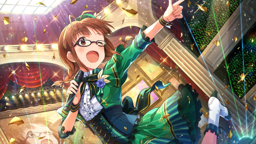 ;d akizuki_ritsuko antenna_hair braid brown_eyes brown_hair glasses idolmaster idolmaster_(classic) idolmaster_million_live! idolmaster_million_live!_theater_days microphone official_art one_eye_closed open_mouth smile twin_braids