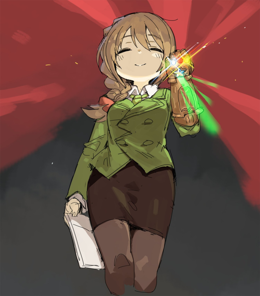 bangs black_skirt braid brown_hair closed_eyes envelope green_jacket green_neckwear highres idolmaster idolmaster_cinderella_girls infinity_gauntlet jacket long_hair marvel pantyhose parody pencil_skirt senkawa_chihiro shirt side_braid simple_background skirt smile solo spawnfoxy white_shirt