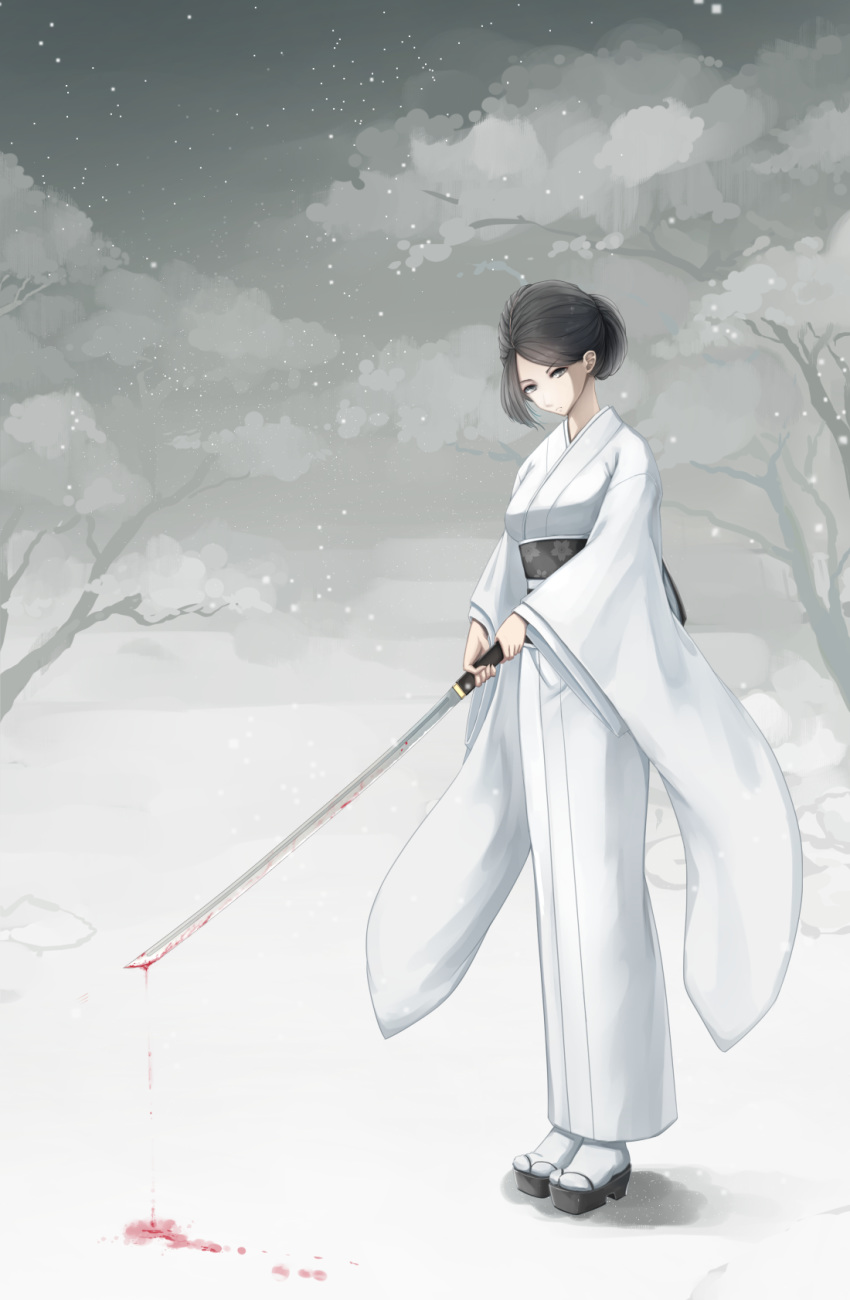 black_eyes black_hair blood closed_mouth highres japanese_clothes katana kikivi kimono obi original sash short_hair snow snowing solo standing sword tree weapon white_kimono wide_sleeves