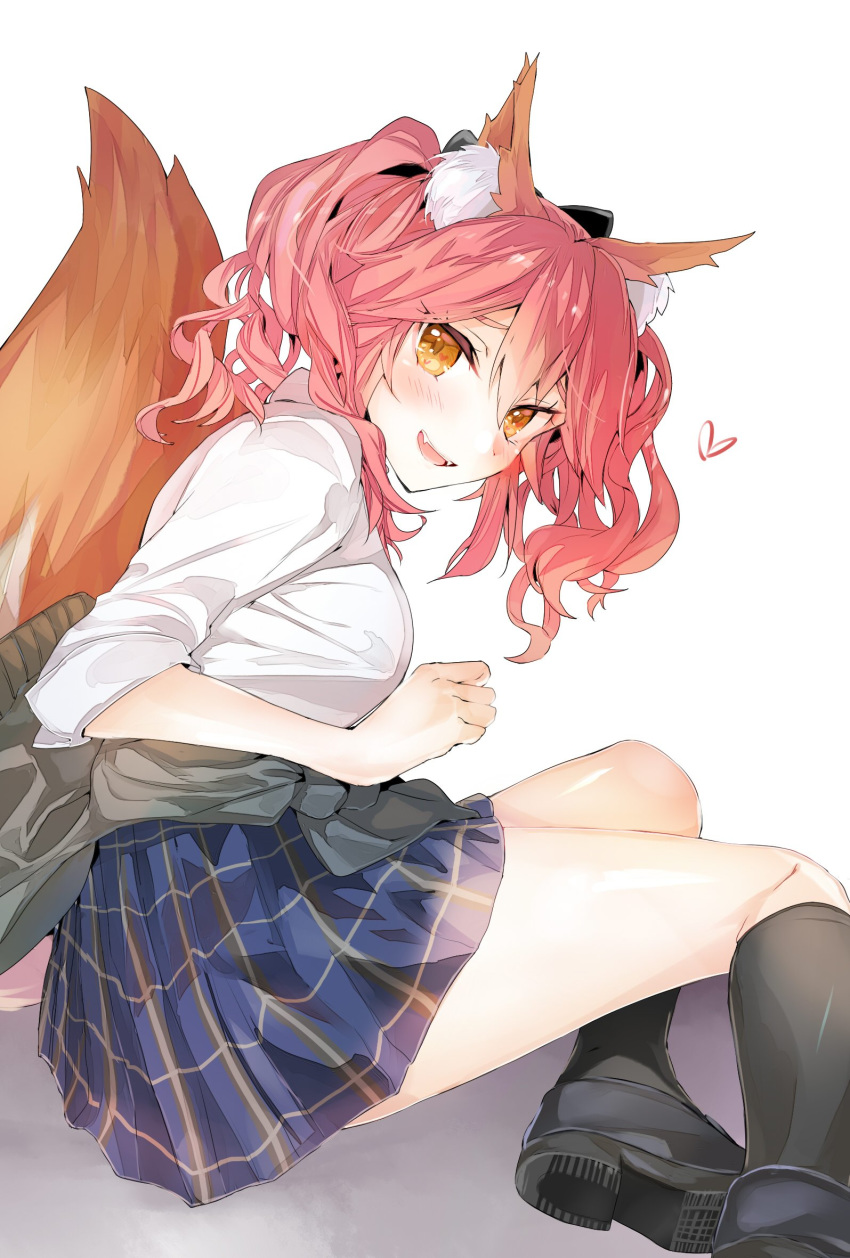 animal_ears black_legwear blush breasts clothes_around_waist commentary_request fangs fate/extella fate/extra fate/grand_order fate_(series) fox_ears fox_tail highres jacket_around_waist kneehighs long_hair looking_at_viewer medium_breasts parted_lips pink_hair plaid plaid_skirt school_uniform shirt shoes sitting skirt smile solo tail tamamo_(fate)_(all) tamamo_jk_(fate) tomozero twintails white_shirt yellow_eyes yokozuwari
