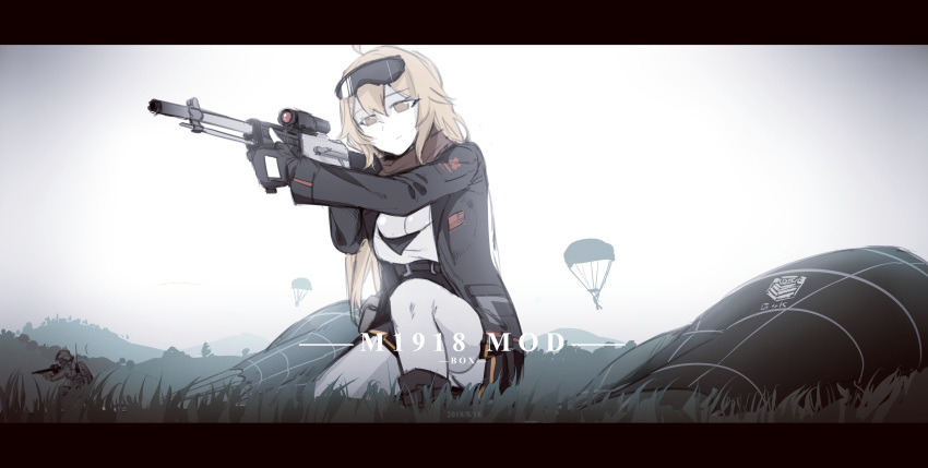 1girl absurdres ahoge aiming blonde_hair breasts brown_eyes cleavage commentary eyewear_on_head fingerless_gloves girls_frontline glasses gloves gun highres low-cut m1918_bar m1918_bar_(girls_frontline) machine_gun parachute rifle scarf scope sketch skirt smile thighhighs weapon xiangzi_box