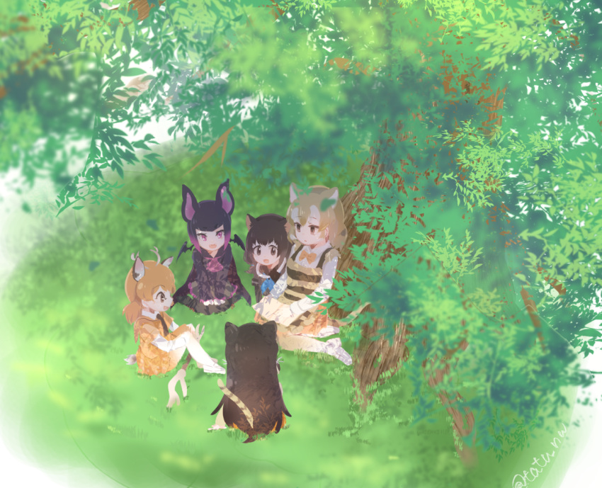 animal_ears antlers apron bat_ears bat_wings black_hair bow bowtie brown_hair cape cat_ears cat_tail collar collared_peccary_(kemono_friends) common_vampire_bat_(kemono_friends) deer_ears deer_tail eyebrows_visible_through_hair fangs frilled_skirt frills geoffroy's_cat_(kemono_friends) gradient_hair grass hands_on_lap kemono_friends light_brown_hair long_sleeves multicolored_hair multiple_girls neckerchief necktie open_mouth pantyhose peccary_ears pink_hair school_uniform seiza serafuku sika_deer_(kemono_friends) sitting skirt smile striped tail tatsuno_newo thighhighs thylacine_(kemono_friends) thylacine_ears thylacine_tail tree weapon white_hair wings