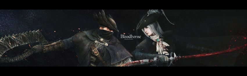 absurdres artist_name belt black_hair blood bloodborne blue_eyes brown_cape brown_eyes cape capelet copyright_name covered_mouth cravat dark_background double-blade eye_contact fighting_stance from_side gem gloves hat highres holding holding_weapon hunter_(bloodborne) jacket lady_maria_of_the_astral_clocktower letterboxed looking_at_another murasaki_saki silver_hair sword the_old_hunters tricorne upper_body vambraces vest weapon white_legwear