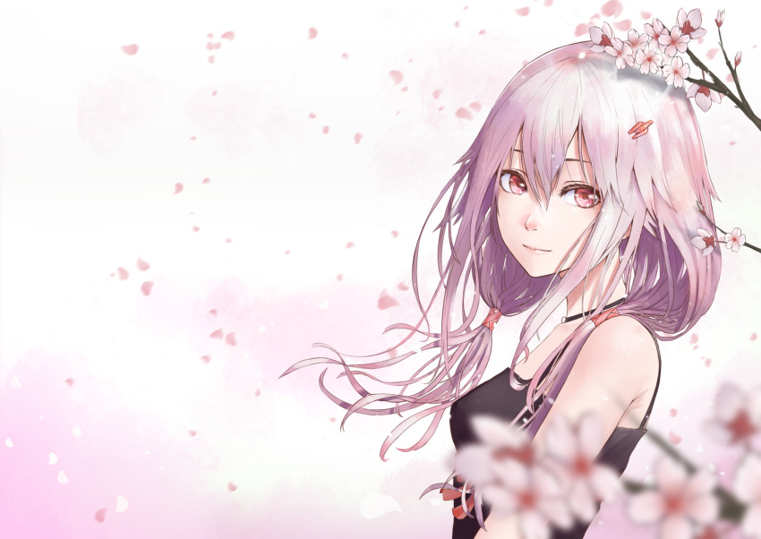 bare_shoulders cherry_blossoms commentary fattybot flower guilty_crown hair_ornament hairclip highres long_hair looking_at_viewer petals pink_hair red_eyes smile solo twintails yuzuriha_inori
