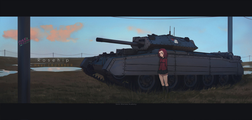 :d absurdres arms_behind_back black_legwear black_skirt blue_sky cloud commentary crusader_(tank) emblem girls_und_panzer grass ground_vehicle highres jacket letterboxed looking_at_viewer md5_mismatch military military_vehicle motor_vehicle murasaki_saki open_mouth outdoors pleated_skirt power_lines red_eyes red_hair red_jacket rosehip skirt sky smile socks solo st._gloriana's_(emblem) st._gloriana's_military_uniform standing tank telephone_pole wing_collar