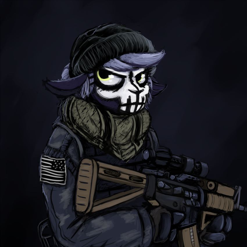 anthro assault_rifle call_of_duty call_of_duty:_ghosts caprine fur ghost goat gun hair hat hi_res hladilnik holding_object holding_weapon male mammal purple_fur ranged_weapon rifle scope solo spirit stars_and_stripes united_states_of_america weapon yellow_eyes