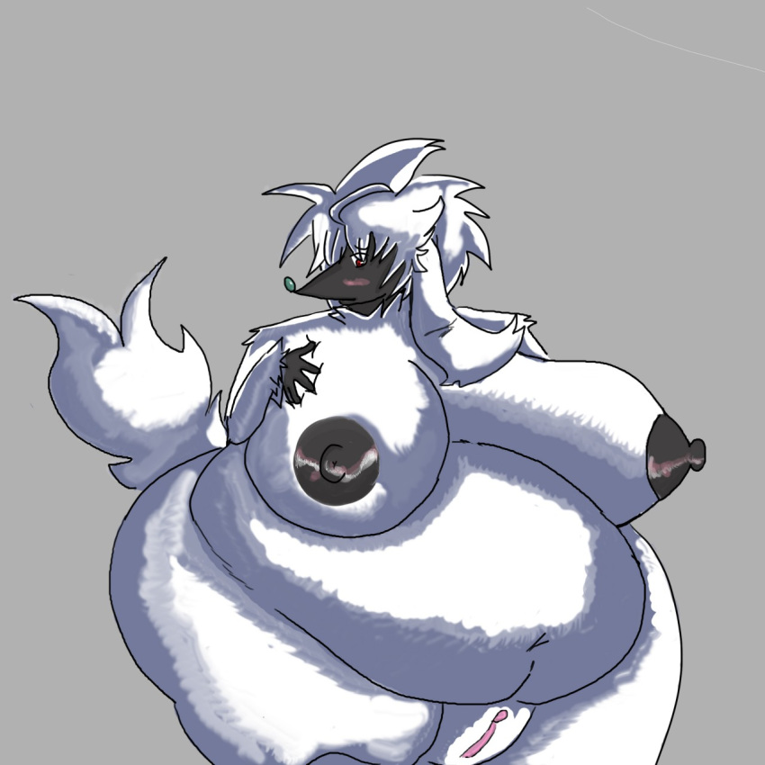 anthro belly big_belly big_breasts breasts canine clitoris dog female fur furfrou grey_background huge_breasts mammal nintendo obese overweight pok&eacute;mon pok&eacute;mon_(species) poodle pussy sdsds96_(artist) simple_background video_games white_fur