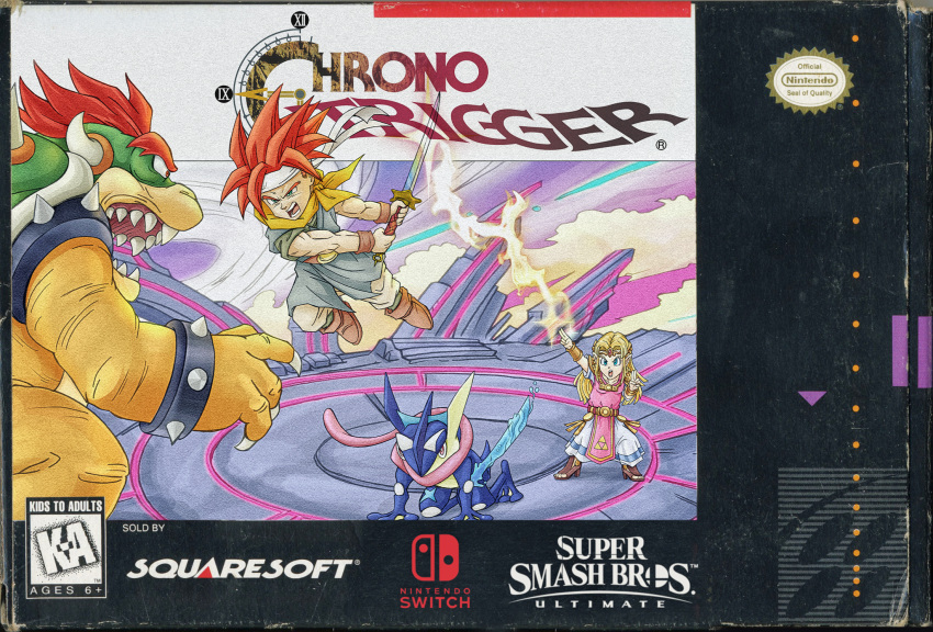 bowser chrono_trigger creatures_(company) crono game_console game_freak gen_6_pokemon greninja highres mario_(series) nintendo pokemon pokemon_(creature) pokemon_(game) princess_zelda super_nintendo super_smash_bros. the_legend_of_zelda