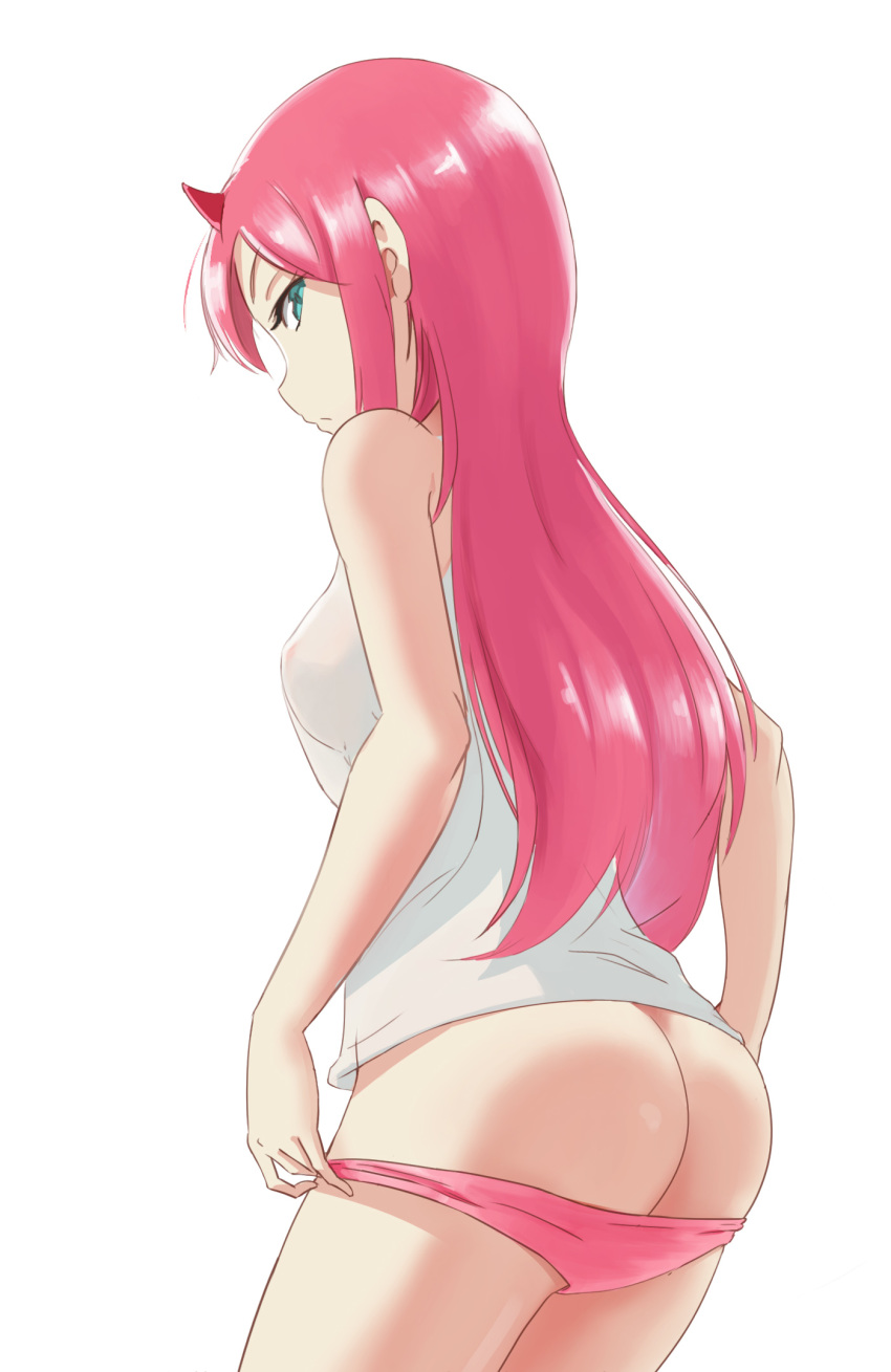 arms_at_sides ass back bangs bare_arms bare_shoulders breasts closed_mouth covered_nipples cowboy_shot darling_in_the_franxx eyebrows_visible_through_hair from_behind gan-viking green_eyes highres holding holding_panties horns legs_together long_hair looking_at_viewer looking_back panties panty_pull pink_hair pink_panties pulled_by_self see-through shirt sidelocks sideways_glance simple_background sleeveless sleeveless_shirt small_breasts solo standing straight_hair underwear undressing white_background white_shirt zero_two_(darling_in_the_franxx)