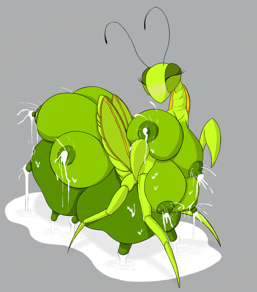 2_udders arthropod big_breasts breasts busty_feral female feral gnutsen_(artist) grey_background insect lactating mantis multi_breast multi_udder puddle simple_background solo