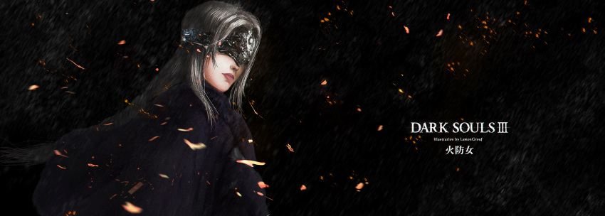 absurdres artist_name cape closed_mouth copyright_name covered_eyes dark_background dark_souls_iii fire_keeper grey_hair highres long_hair murasaki_saki red_lips solo souls_(from_software) sparks visor_(armor)