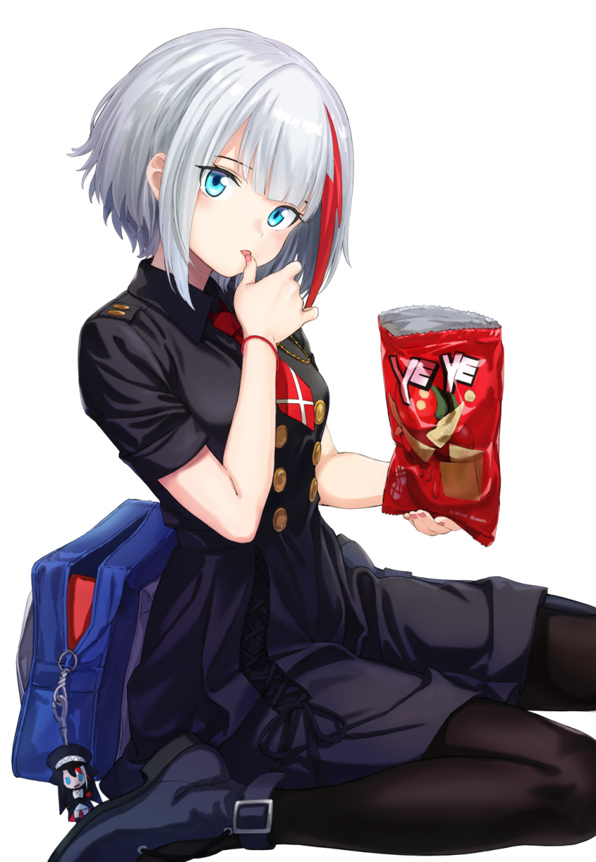 admiral_graf_spee_(azur_lane) azur_lane bag bag_charm bangs black_dress black_footwear black_legwear blue_eyes blush boots bugles charm_(object) commentary_request dress eyebrows_visible_through_hair finger_licking fingernails head_tilt highres licking looking_at_viewer multicolored_hair nail_polish necktie pantyhose pink_nails red_hair red_neckwear school_bag short_necktie short_sleeves silver_hair simple_background sitting solo streaked_hair tongue tongue_out tuchinokoeffect wariza white_background