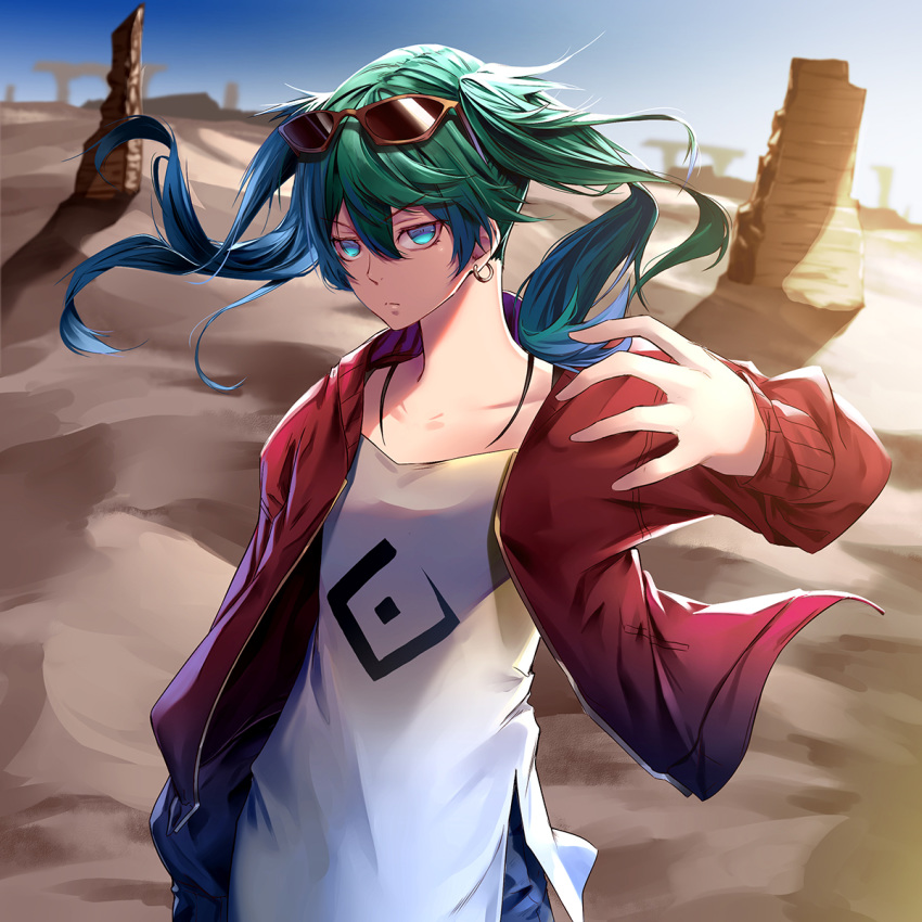 bad_id bad_pixiv_id blue_eyes blue_hair blurry blurry_background closed_mouth commentary_request day depth_of_field desert dress earrings eyebrows_visible_through_hair eyewear_on_head floating_hair green_hair hair_between_eyes hatsune_miku highres hoop_earrings jacket jewelry long_hair long_sleeves looking_at_viewer multicolored_hair open_clothes open_jacket outdoors red_jacket short_dress solo soya_(torga) suna_no_wakusei_(vocaloid) sunglasses two-tone_hair v-shaped_eyebrows vocaloid white_dress