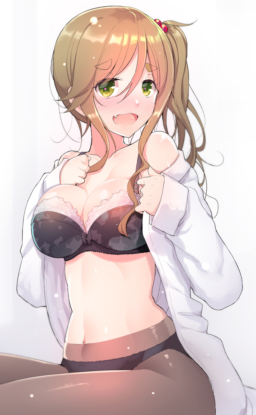 akahito bangs black_bra black_legwear black_panties blush bra breasts brown_hair commentary_request embarrassed eyebrows_visible_through_hair fang fang_out green_eyes hair_between_eyes hair_bobbles hair_ornament hands_up highres inuyama_aoi large_breasts long_hair looking_at_viewer navel open_clothes open_mouth open_shirt panties pantyhose side_ponytail sidelocks simple_background sitting smile solo thick_eyebrows thighs underwear wavy_hair white_background yurucamp