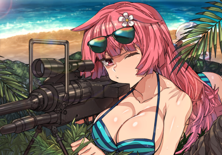 aiming anti-materiel_rifle beach bikini breasts cleavage commentary erere eyewear_on_head flower girls_frontline gun hair_flower hair_ornament large_breasts long_hair ntw-20 ntw-20_(girls_frontline) one_eye_closed pink_eyes pink_hair rifle scope sniper_rifle sunglasses swimsuit weapon