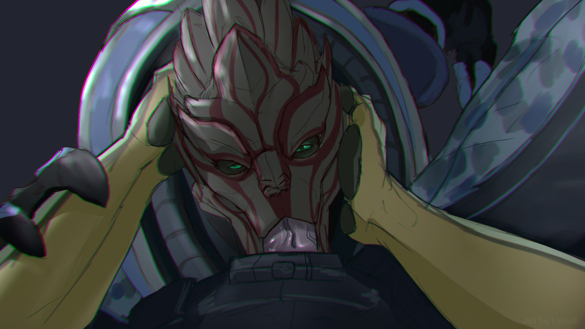 alien ambiguous_gender anthro anthro_on_anthro close-up clothed clothing erection fellatio green_eyes hand_on_head linuell looking_at_viewer looking_up male mass_effect open_mouth oral pawpads paws penis pink_penis sex spacesuit sucking turian vein veiny_penis video_games