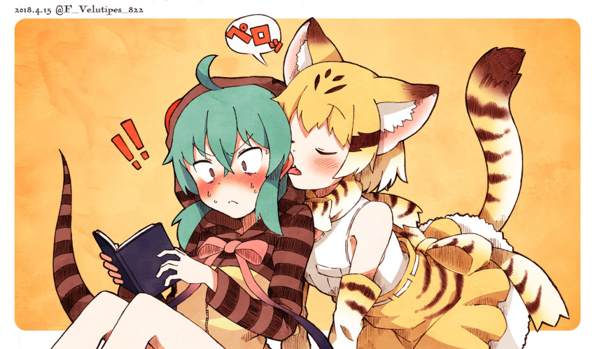 2girls animal_ears back_bow bare_legs bare_shoulders blonde_hair blue_hair blush book bow bowtie cat_ears cat_tail closed_eyes commentary_request ear_blush ear_licking elbow_gloves enk_0822 eyebrows_visible_through_hair gloves highres hood hoodie kemono_friends licking multicolored_hair multiple_girls neck_ribbon nose_blush reading ribbon sand_cat_(kemono_friends) short_hair signature skirt snake_tail striped surprised tail translated tsuchinoko_(kemono_friends) vest yuri