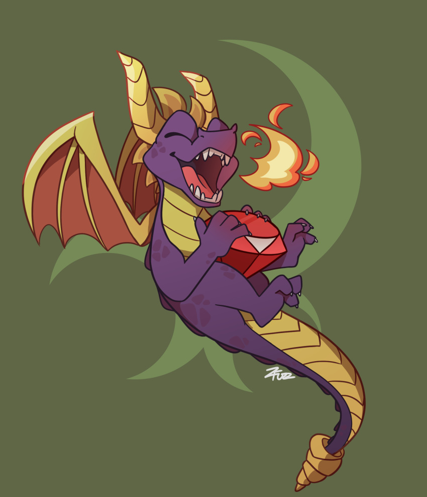 ambiguous_gender barefoot claws cute dragon eyes_closed fangs feral fire fire_breathing gem green_background happy horn nude open_mouth purple_skin scales scalie sharp_claws sharp_teeth simple_background smile spyro spyro_the_dragon teeth toe_claws tongue video_games western_dragon wings zucchinifuzz