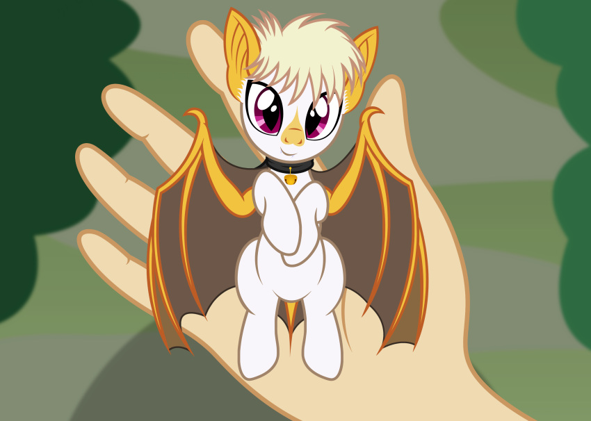 ambiguous_gender badumsquish bat_pony bell collar duo equine fan_character fangs female first_person_view hair holding_(disambiguation) honduran_white_bat looking_at_viewer lying mammal on_back purple_eyes short_hair size_difference slit_pupils smile solo_focus