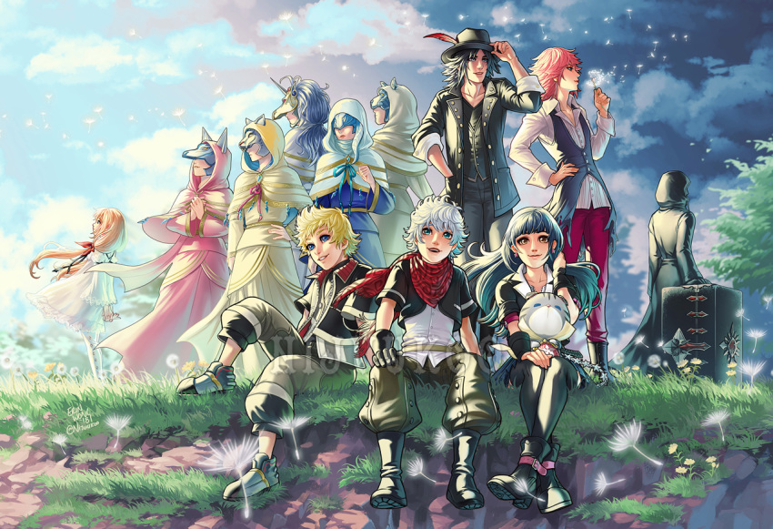 6+boys aced_(kingdom_hearts) ava_(kingdom_hearts) bear_mask black_cloak blaine_(kingdom_hearts) boots box chirithy cloak cloud cloudy_sky commentary covered_eyes dandelion day ephemer_(kingdom_hearts) everyone flower fox_mask grass gula_(kingdom_hearts) hands_together hat hat_feather hood hood_up horse_mask invi_(kingdom_hearts) ira_(kingdom_hearts) kingdom_hearts kingdom_hearts_unchained_x kingdom_hearts_x_back_cover lauriam luxu_(kingdom_hearts) mask multiple_boys multiple_girls nijuuni skuld_(kingdom_hearts) sky smile snake_mask strelitzia_(kingdom_hearts) ventus