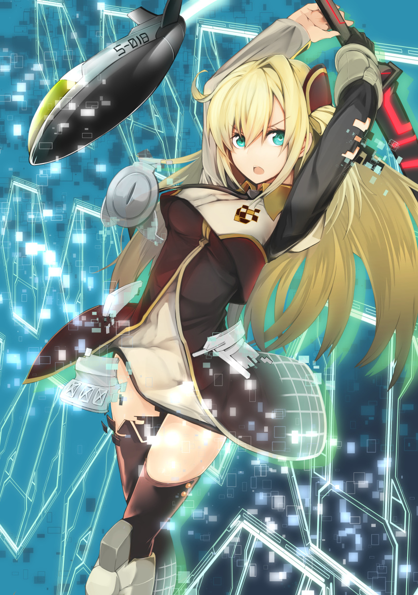 absurdres black_legwear blonde_hair collared_dress commentary_request dress duel_monster gloves green_eyes highres holding holding_weapon ku-ba long_hair long_sleeves looking_at_viewer one_side_up open_mouth sentouki_rei short_dress solo standing sword thighhighs weapon yuu-gi-ou zettai_ryouiki