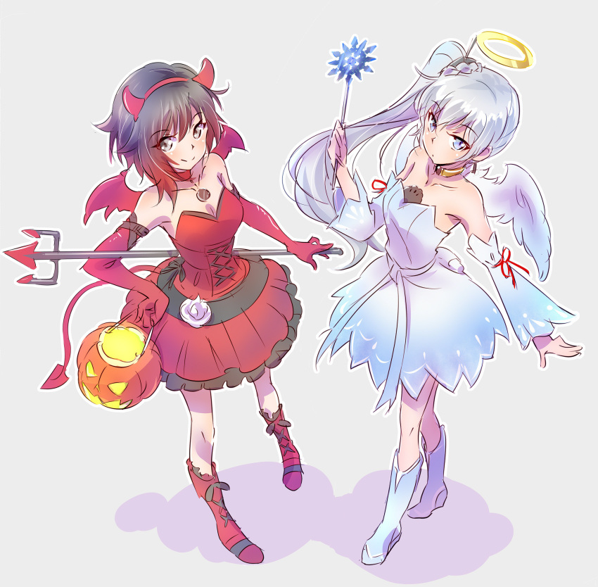 angel_and_devil angel_costume blue_eyes breasts choker cleavage color_connection commentary_request corset demon_girl dress fake_halo halloween halloween_costume highres iesupa looking_at_viewer medium_breasts multiple_girls pitchfork pumpkin red_dress red_hair ruby_rose rwby silver_eyes sleeveless sleeveless_dress wand weiss_schnee white_dress white_hair