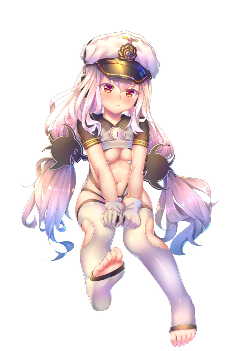 absurdres bangs barefoot blue_hair blush breasts chinese_commentary commentary_request crop_top eyebrows_visible_through_hair feet gloves gradient_hair hair_between_eyes hat head_tilt headphones highres long_hair medium_breasts multicolored_hair navel no_shoes peaked_cap pink_hair ray_(pixiv9514208) red_eyes shirt short_sleeves silver_hair simple_background sitting soles solo thighhighs toeless_legwear toes twintails u96_(zhan_jian_shao_nyu) underboob v_arms very_long_hair white_background white_gloves white_hat white_legwear white_shirt zhan_jian_shao_nyu